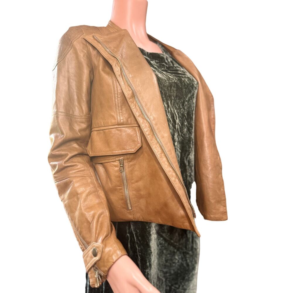 Veronica Beard Brown Leather Moto Jacket Biker Style Women’s Size XS - Picture 2 of 16